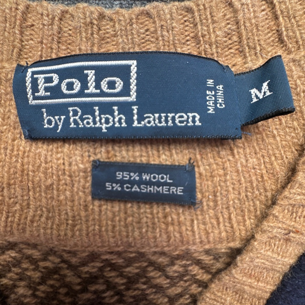 Polo Ralph Lauren Sweater Mens Medium Brown Herringbone Wool Cashmere V-Neck - Picture 12 of 14